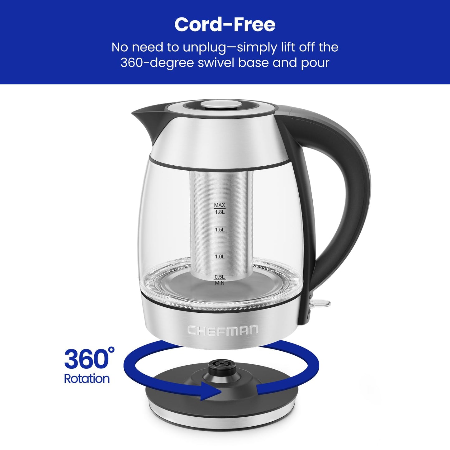 Chefman Electric Kettle, 1.8L 1500W, Hot Water Boiler, Removable Lid for Easy Cleaning, Auto Shut Off, Boil-Dry Protection, Stainless Steel Filter, BPA Free, Borosilicate Glass Electric Tea Kettle