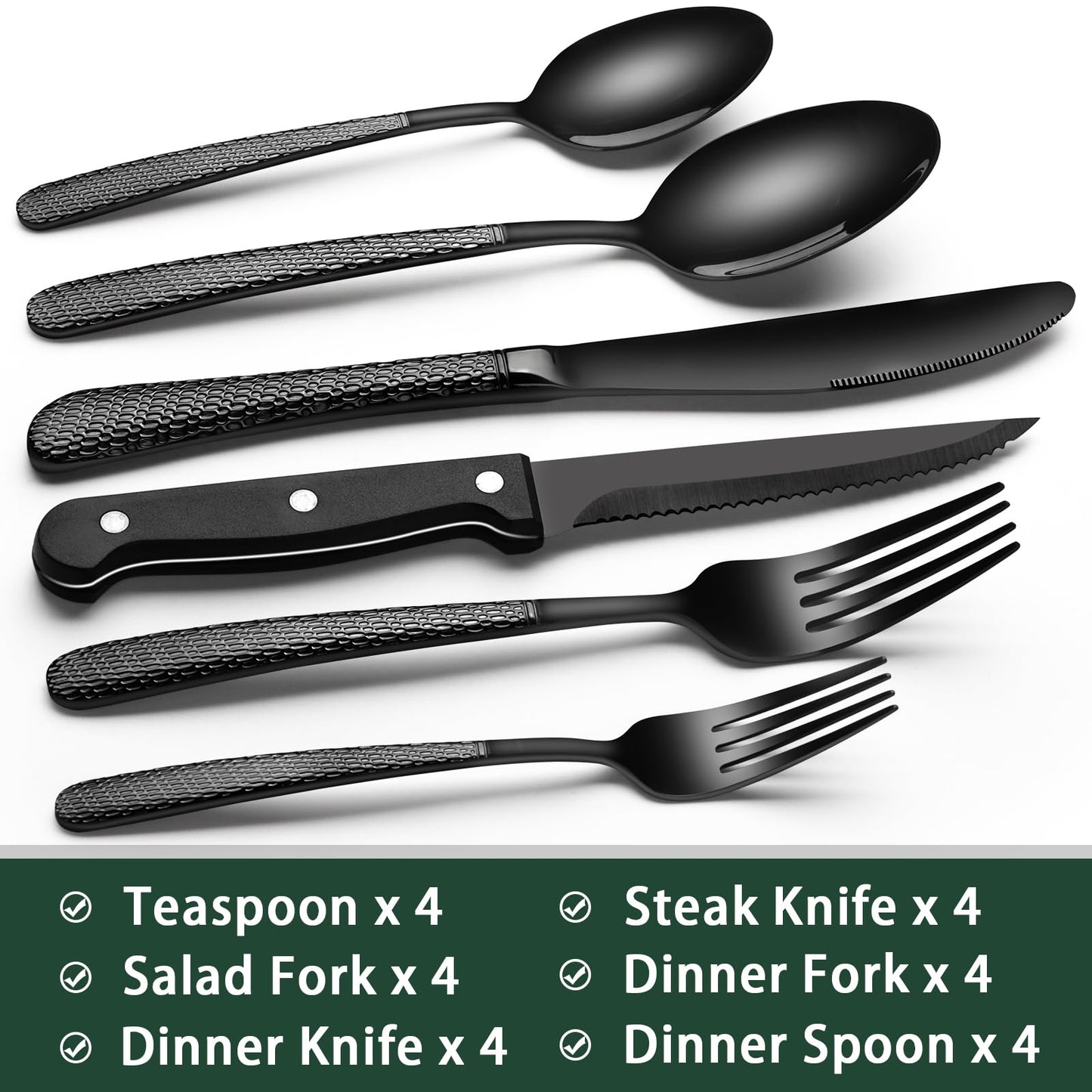 24-Piece Black Silverware Set with Steak Knives, Black Flatware Set for 4, Food-Grade Stainless Steel Tableware Cutlery Set, Mirror Finished Utensil Sets for Home Restaurant