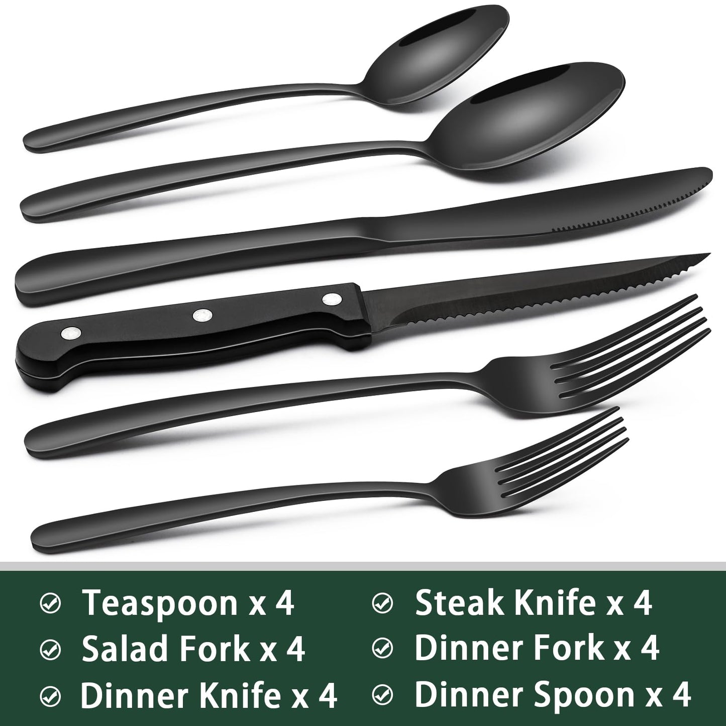 24-Piece Black Silverware Set with Steak Knives, Black Flatware Set for 4, Food-Grade Stainless Steel Tableware Cutlery Set, Mirror Finished Utensil Sets for Home Restaurant