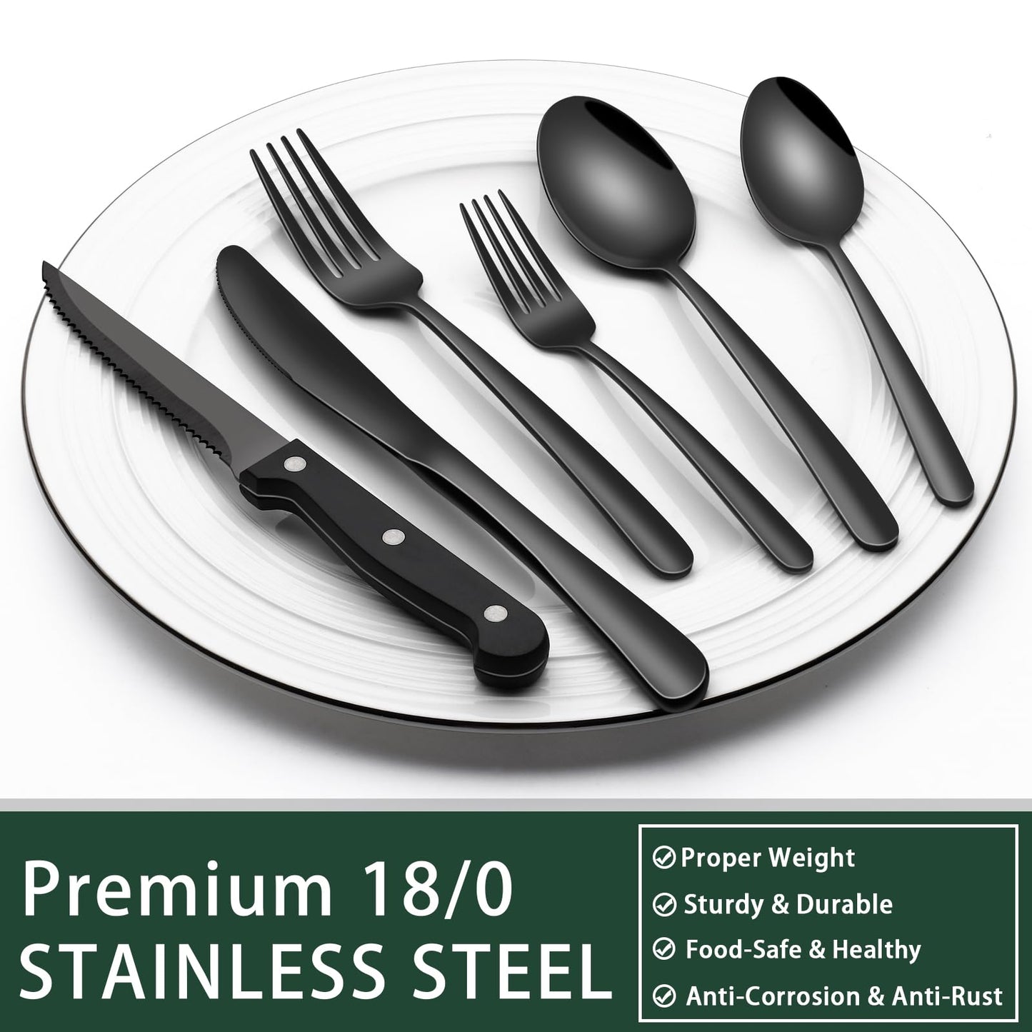 24-Piece Black Silverware Set with Steak Knives, Black Flatware Set for 4, Food-Grade Stainless Steel Tableware Cutlery Set, Mirror Finished Utensil Sets for Home Restaurant