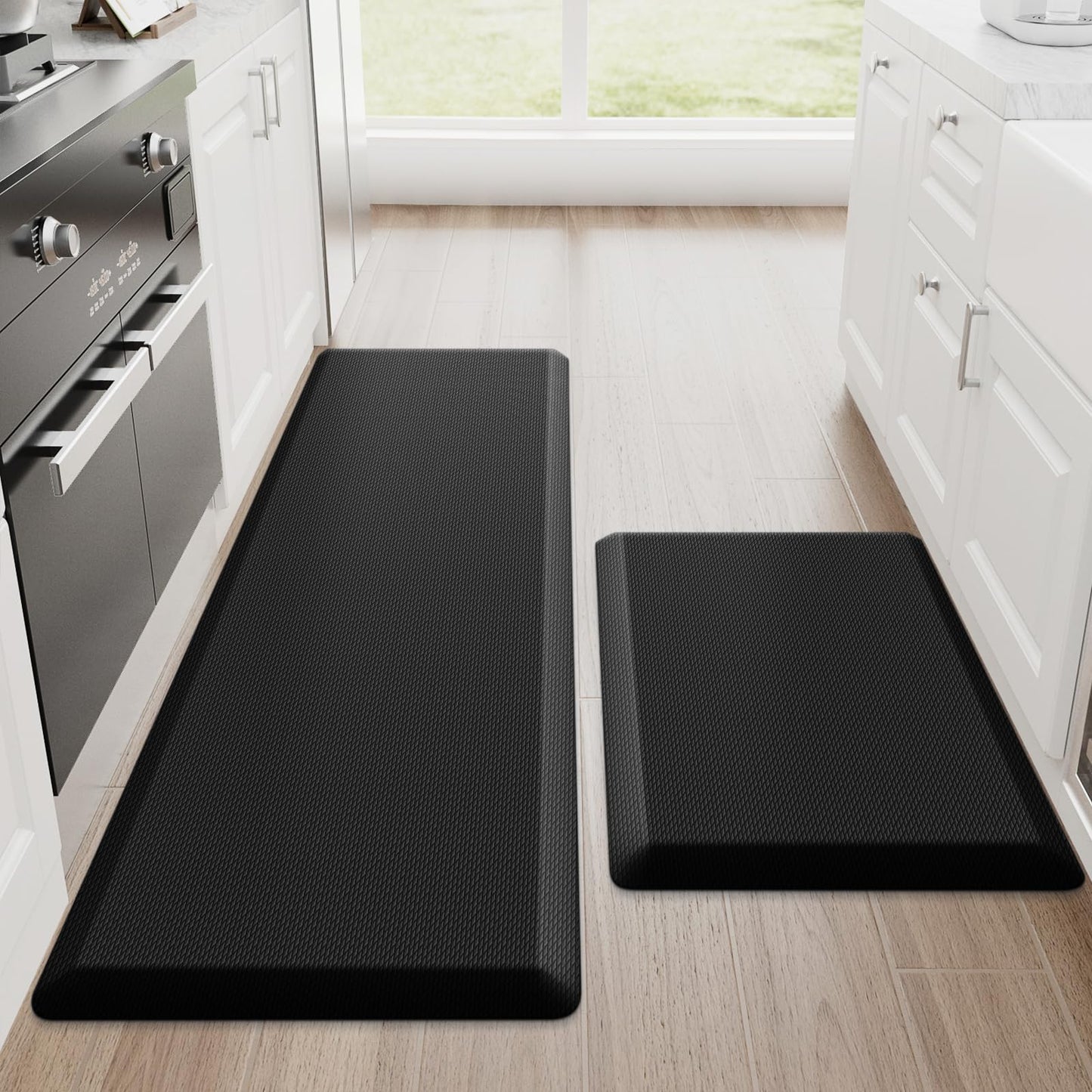 StepRite Kitchen Mats, 2PCS Kitchen Rugs, Cushioned Anti Fatigue Kitchen Mats for Floor, Non-Slip Standing Desk Mat, Waterproof Kitchen Rug Set for Kitchen, Floor, Office, 17.3"x30"+17.3"x47", Black