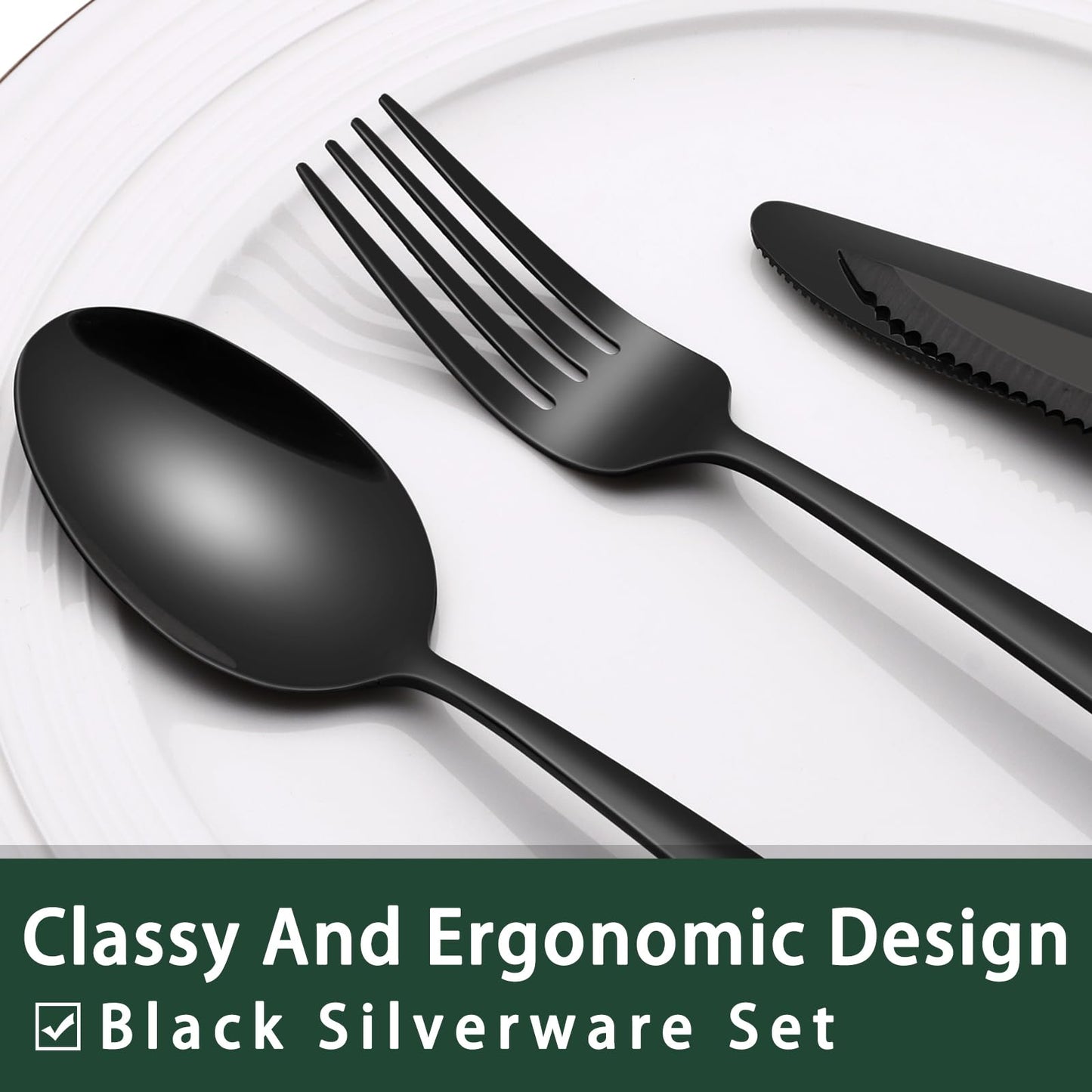 24-Piece Black Silverware Set with Steak Knives, Black Flatware Set for 4, Food-Grade Stainless Steel Tableware Cutlery Set, Mirror Finished Utensil Sets for Home Restaurant