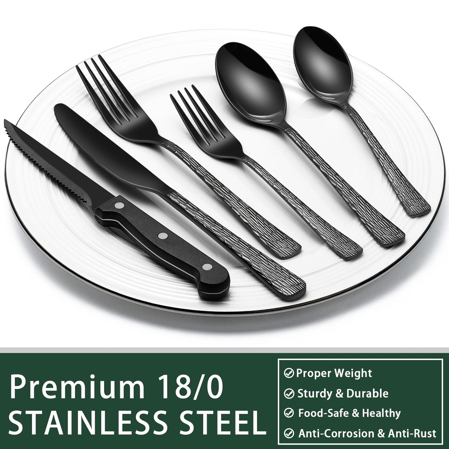 24-Piece Black Silverware Set with Steak Knives, Black Flatware Set for 4, Food-Grade Stainless Steel Tableware Cutlery Set, Mirror Finished Utensil Sets for Home Restaurant