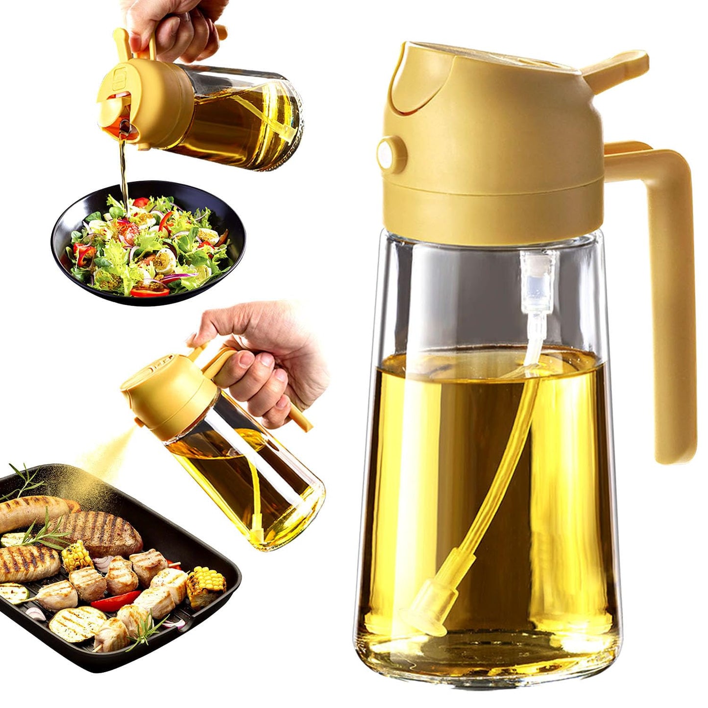 TrendPlain 16oz/470ml Glass Olive Oil Sprayer for Cooking – 2 in 1 Olive Oil Dispenser Bottle for Kitchen Gadgets and Air Fryer Accessories, Salad, BBQ - Black