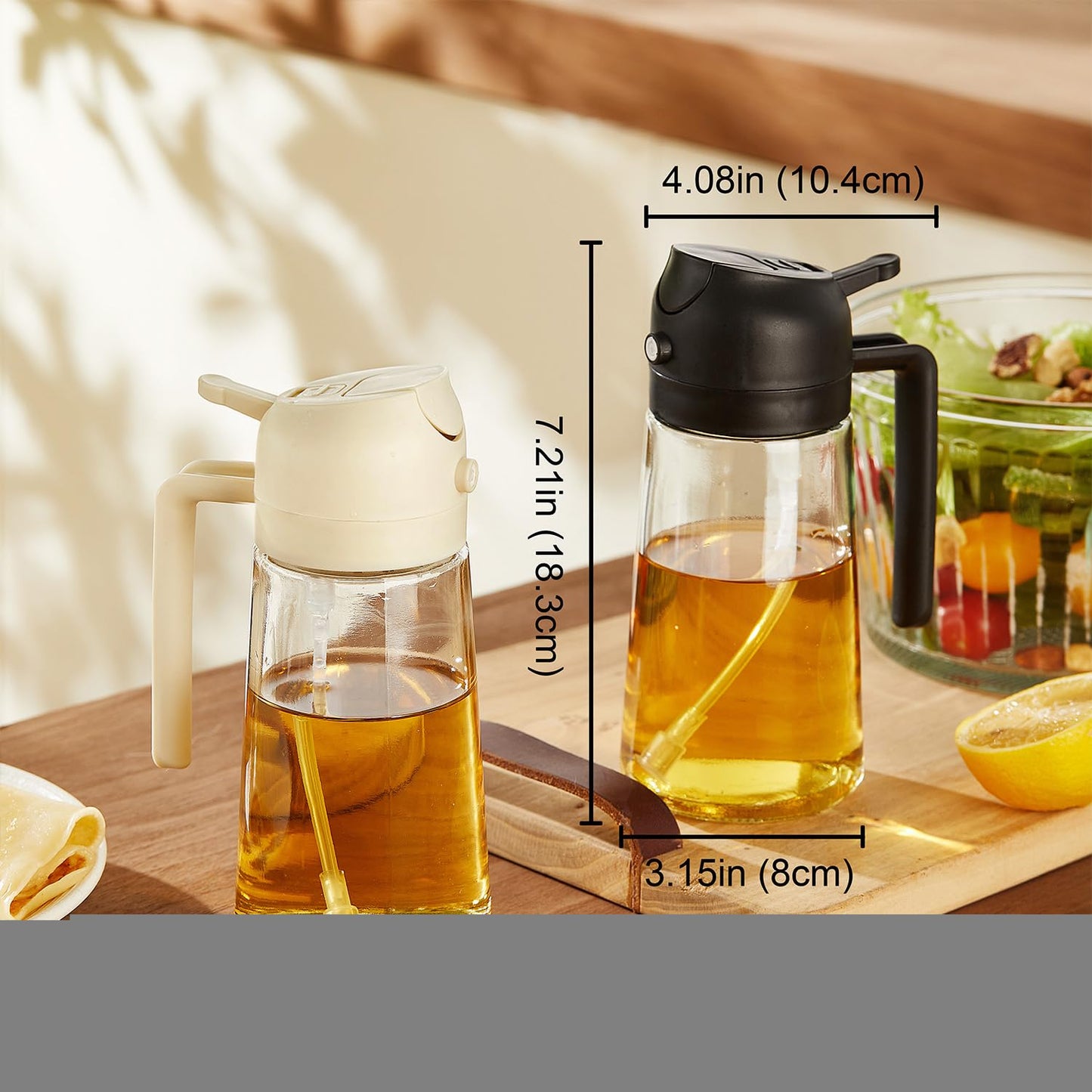 TrendPlain 16oz/470ml Glass Olive Oil Sprayer for Cooking – 2 in 1 Olive Oil Dispenser Bottle for Kitchen Gadgets and Air Fryer Accessories, Salad, BBQ - Black