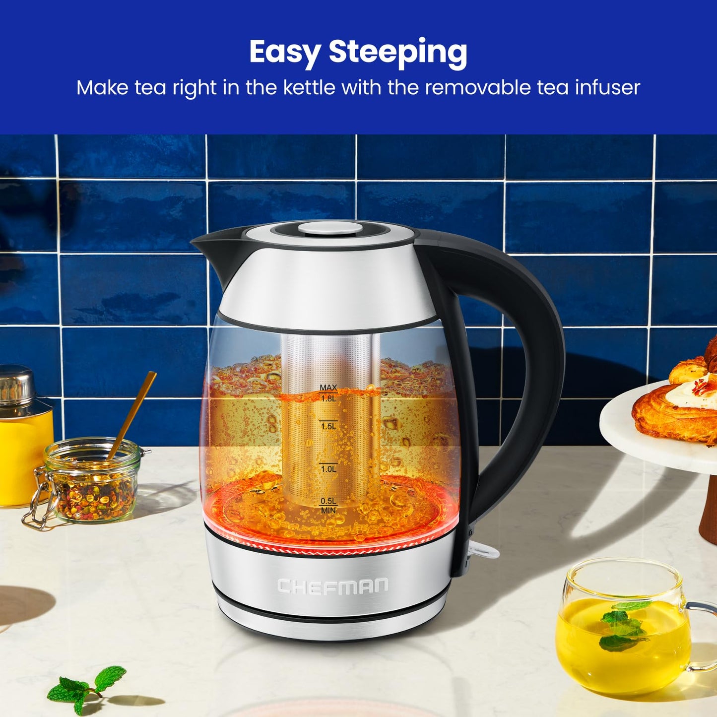 Chefman Electric Kettle, 1.8L 1500W, Hot Water Boiler, Removable Lid for Easy Cleaning, Auto Shut Off, Boil-Dry Protection, Stainless Steel Filter, BPA Free, Borosilicate Glass Electric Tea Kettle