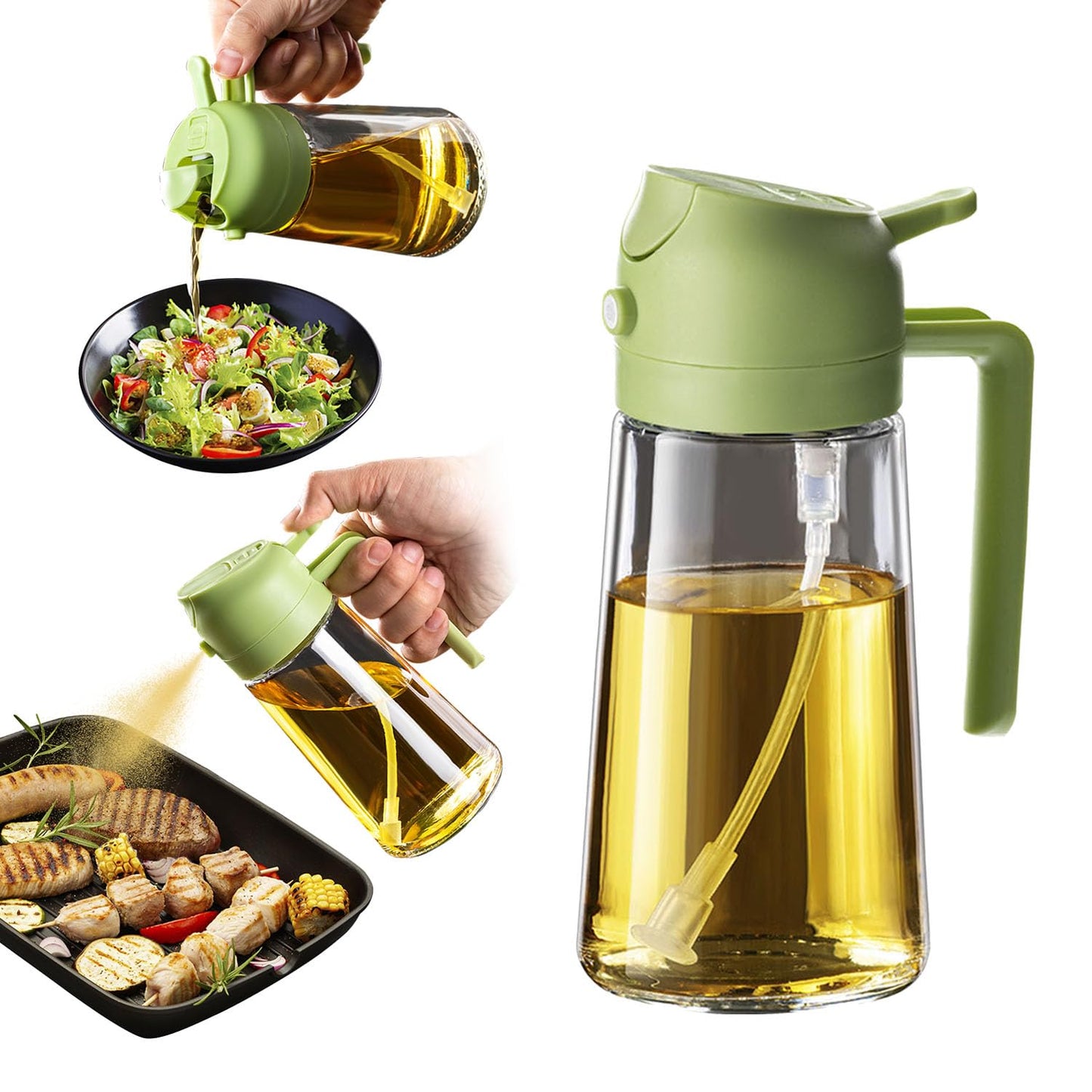 TrendPlain 16oz/470ml Glass Olive Oil Sprayer for Cooking – 2 in 1 Olive Oil Dispenser Bottle for Kitchen Gadgets and Air Fryer Accessories, Salad, BBQ - Black