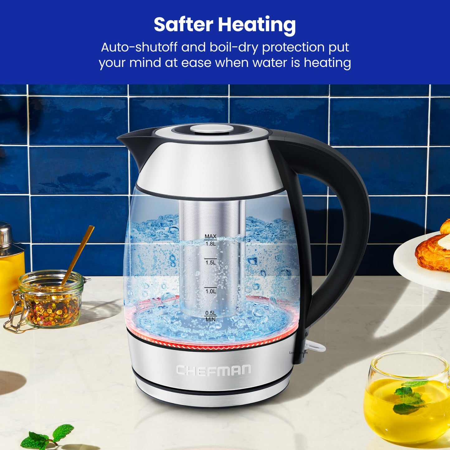 Chefman Electric Kettle, 1.8L 1500W, Hot Water Boiler, Removable Lid for Easy Cleaning, Auto Shut Off, Boil-Dry Protection, Stainless Steel Filter, BPA Free, Borosilicate Glass Electric Tea Kettle