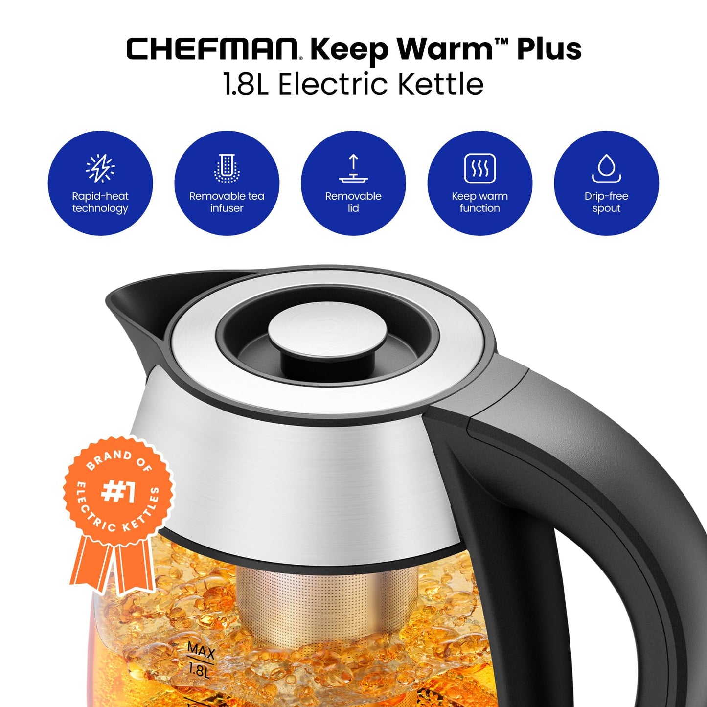 Chefman Electric Kettle, 1.8L 1500W, Hot Water Boiler, Removable Lid for Easy Cleaning, Auto Shut Off, Boil-Dry Protection, Stainless Steel Filter, BPA Free, Borosilicate Glass Electric Tea Kettle