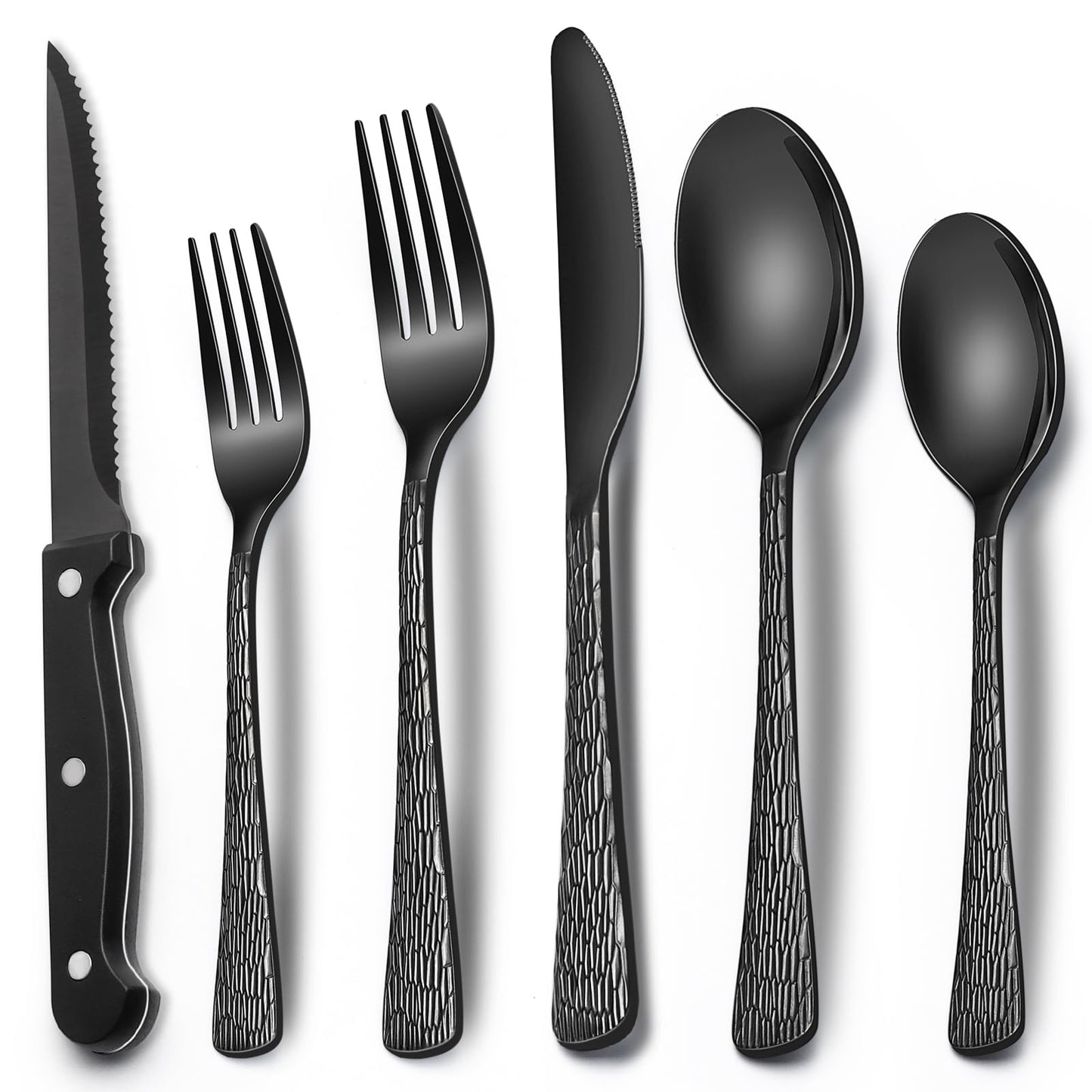 24-Piece Black Silverware Set with Steak Knives, Black Flatware Set for 4, Food-Grade Stainless Steel Tableware Cutlery Set, Mirror Finished Utensil Sets for Home Restaurant
