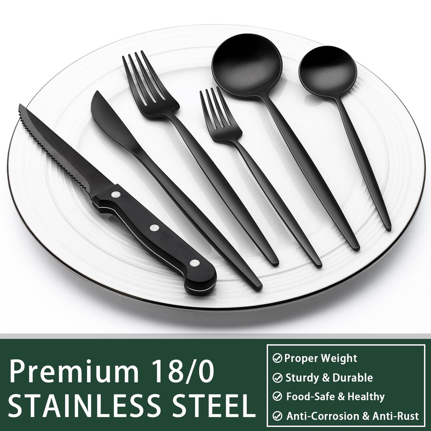 24-Piece Black Silverware Set with Steak Knives, Black Flatware Set for 4, Food-Grade Stainless Steel Tableware Cutlery Set, Mirror Finished Utensil Sets for Home Restaurant