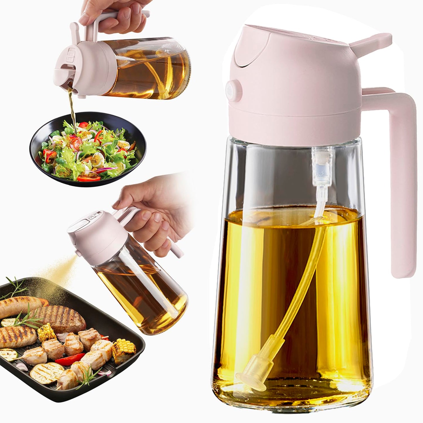 TrendPlain 16oz/470ml Glass Olive Oil Sprayer for Cooking – 2 in 1 Olive Oil Dispenser Bottle for Kitchen Gadgets and Air Fryer Accessories, Salad, BBQ - Black