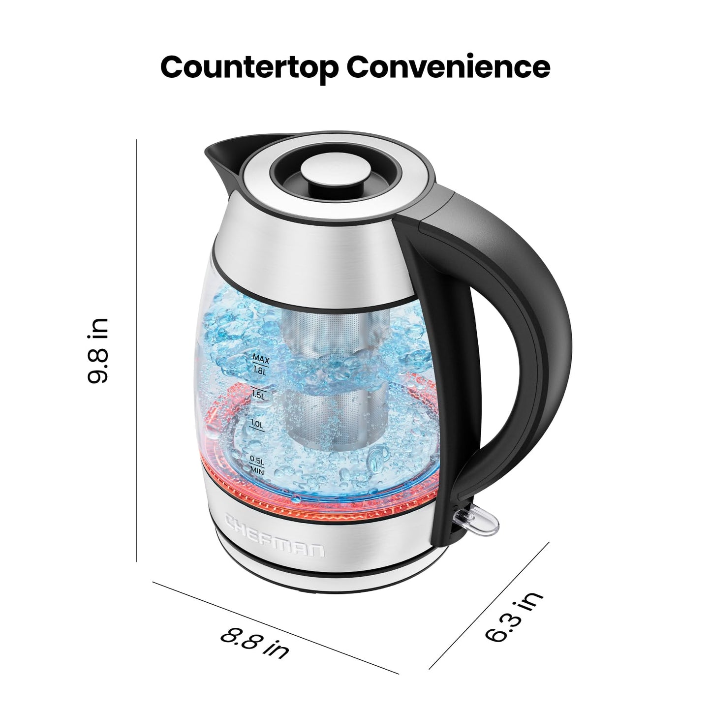 Chefman Electric Kettle, 1.8L 1500W, Hot Water Boiler, Removable Lid for Easy Cleaning, Auto Shut Off, Boil-Dry Protection, Stainless Steel Filter, BPA Free, Borosilicate Glass Electric Tea Kettle