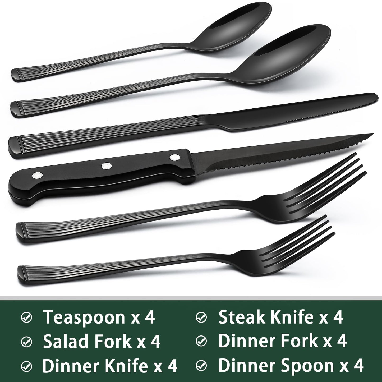 24-Piece Black Silverware Set with Steak Knives, Black Flatware Set for 4, Food-Grade Stainless Steel Tableware Cutlery Set, Mirror Finished Utensil Sets for Home Restaurant