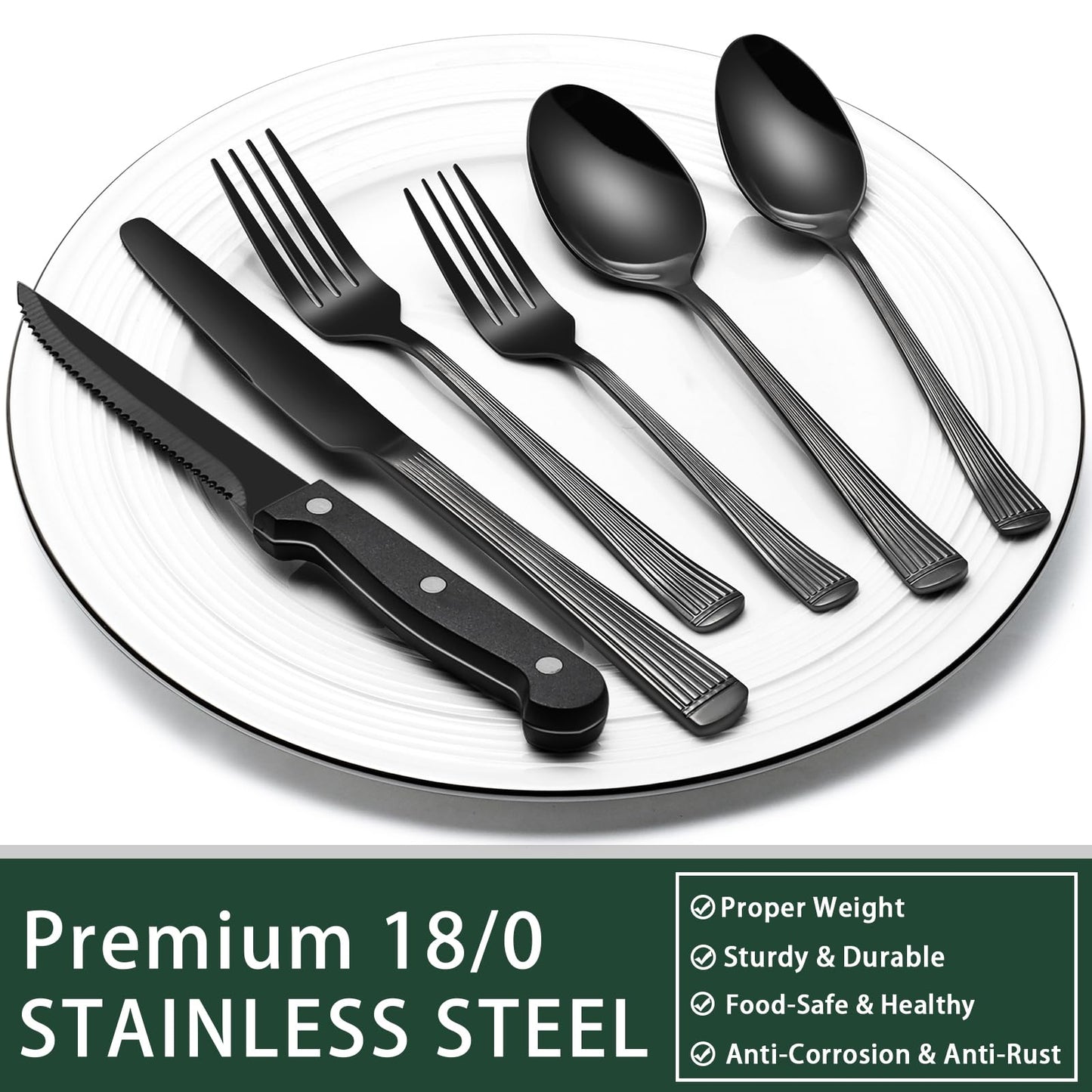 24-Piece Black Silverware Set with Steak Knives, Black Flatware Set for 4, Food-Grade Stainless Steel Tableware Cutlery Set, Mirror Finished Utensil Sets for Home Restaurant