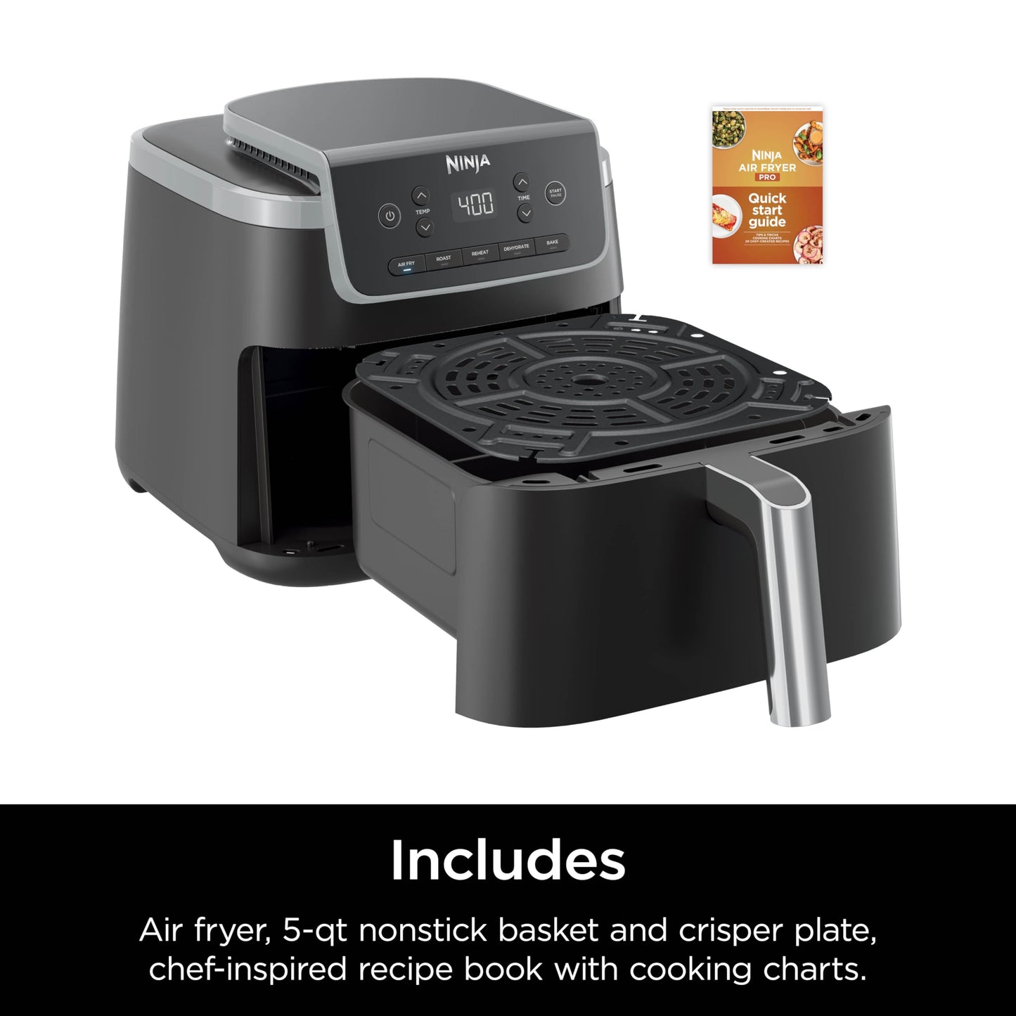 Ninja | Air Fryer | 4-in-1 Pro Air Fry, Roast, Reheat, Dehydrate | 5QT Capacity fits up to 4lbs of French Fries | 400F Max Temp | Nonstick Basket & Crisper Plate | 120V | Grey | AF141
