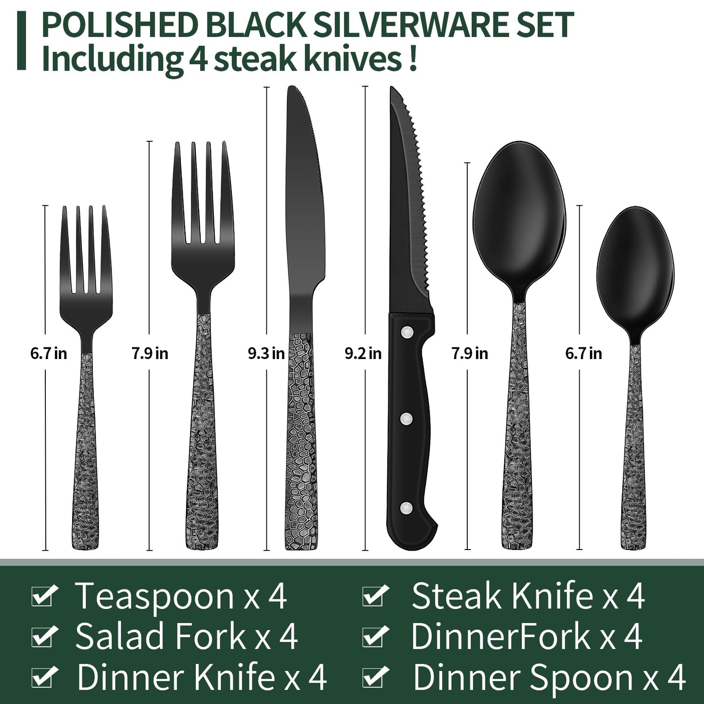 24-Piece Black Silverware Set with Steak Knives, Black Flatware Set for 4, Food-Grade Stainless Steel Tableware Cutlery Set, Mirror Finished Utensil Sets for Home Restaurant