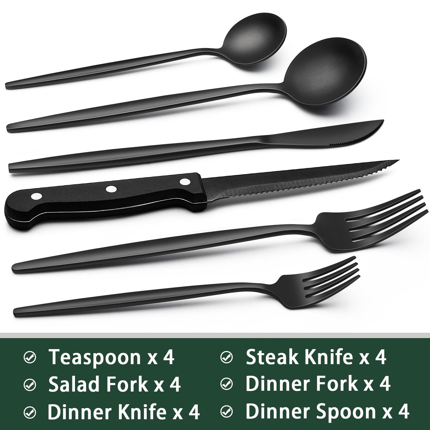 24-Piece Black Silverware Set with Steak Knives, Black Flatware Set for 4, Food-Grade Stainless Steel Tableware Cutlery Set, Mirror Finished Utensil Sets for Home Restaurant