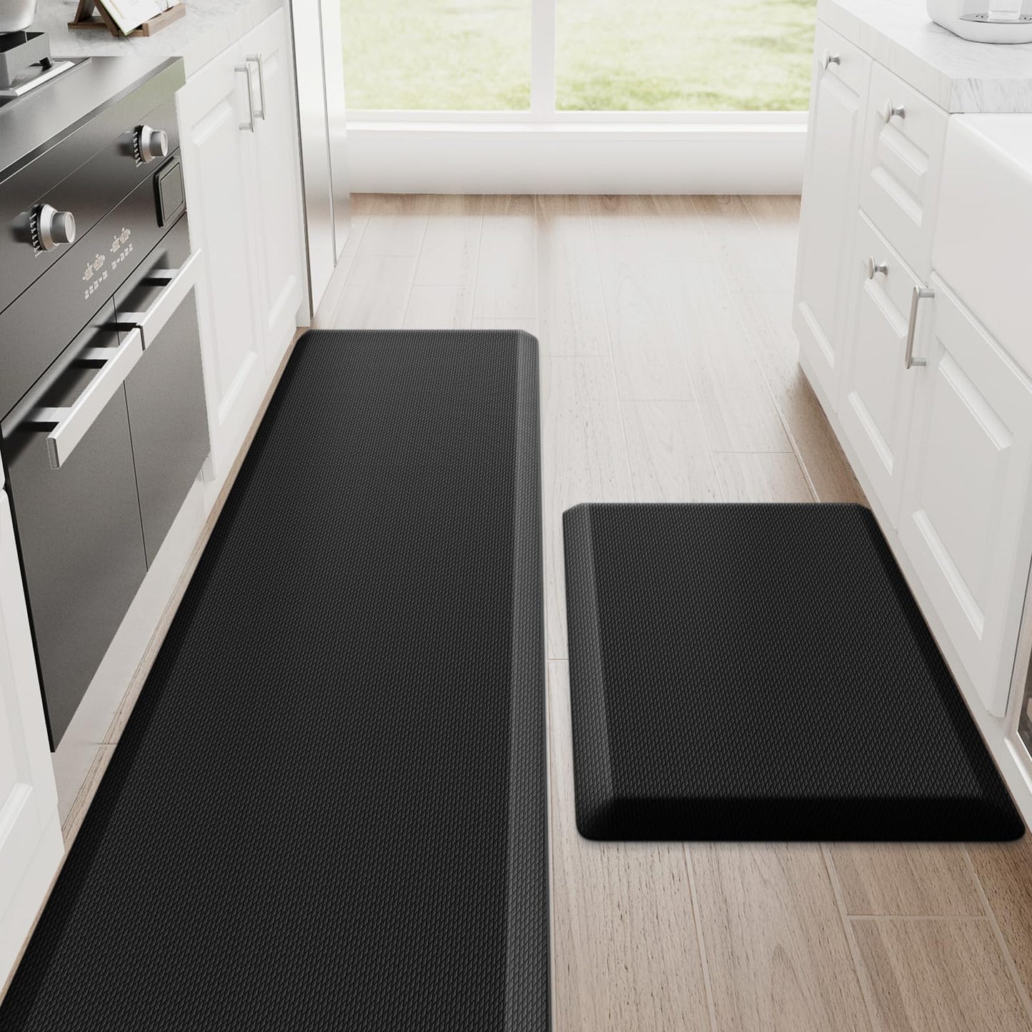 StepRite Kitchen Mats, 2PCS Kitchen Rugs, Cushioned Anti Fatigue Kitchen Mats for Floor, Non-Slip Standing Desk Mat, Waterproof Kitchen Rug Set for Kitchen, Floor, Office, 17.3"x30"+17.3"x47", Black