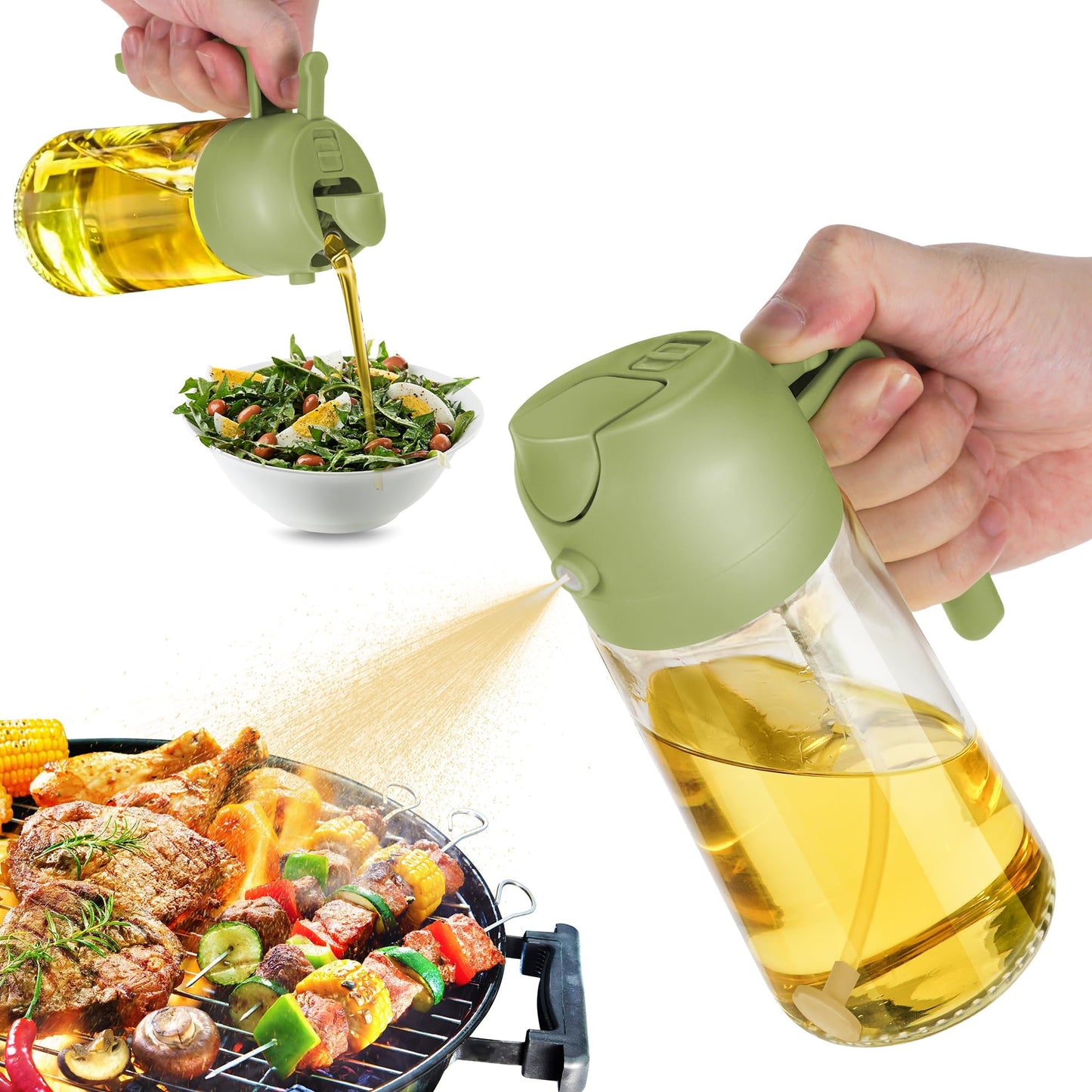 TrendPlain 16oz/470ml Glass Olive Oil Sprayer for Cooking – 2 in 1 Olive Oil Dispenser Bottle for Kitchen Gadgets and Air Fryer Accessories, Salad, BBQ - Black