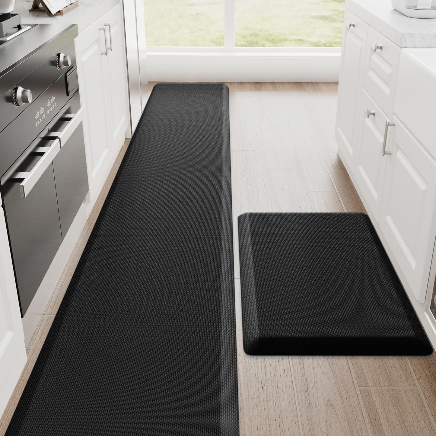 StepRite Kitchen Mats, 2PCS Kitchen Rugs, Cushioned Anti Fatigue Kitchen Mats for Floor, Non-Slip Standing Desk Mat, Waterproof Kitchen Rug Set for Kitchen, Floor, Office, 17.3"x30"+17.3"x47", Black