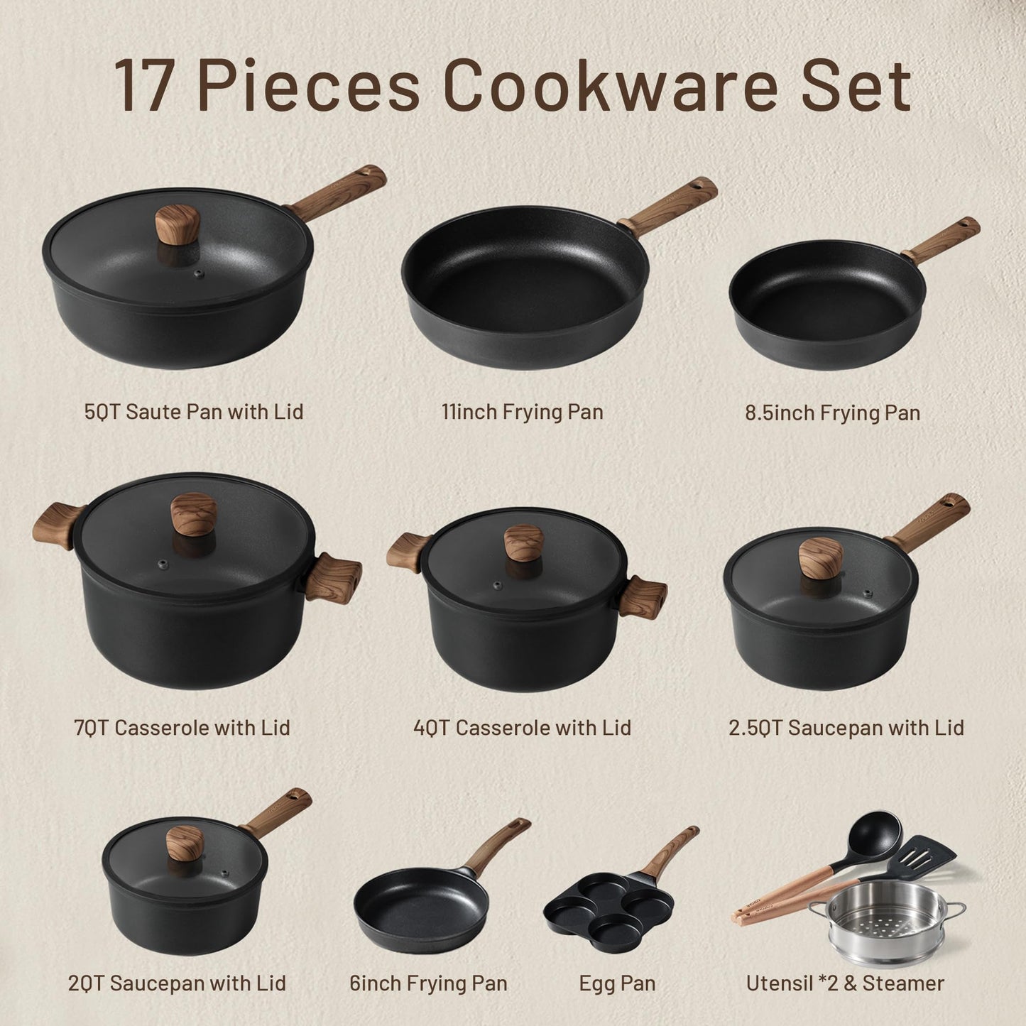 CAROTE Nonstick Pots and Pans, Induction Cookware Set 16pcs Kitchen Cooking Sets, Pot and Pan Non Stick w/Frying pan (PFOS, PFOA Free)