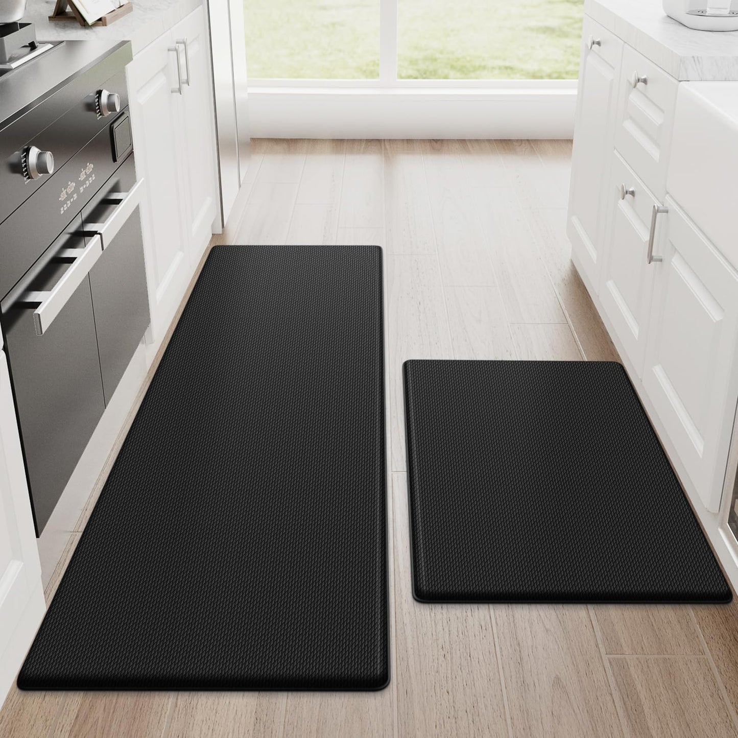 StepRite Kitchen Mats, 2PCS Kitchen Rugs, Cushioned Anti Fatigue Kitchen Mats for Floor, Non-Slip Standing Desk Mat, Waterproof Kitchen Rug Set for Kitchen, Floor, Office, 17.3"x30"+17.3"x47", Black
