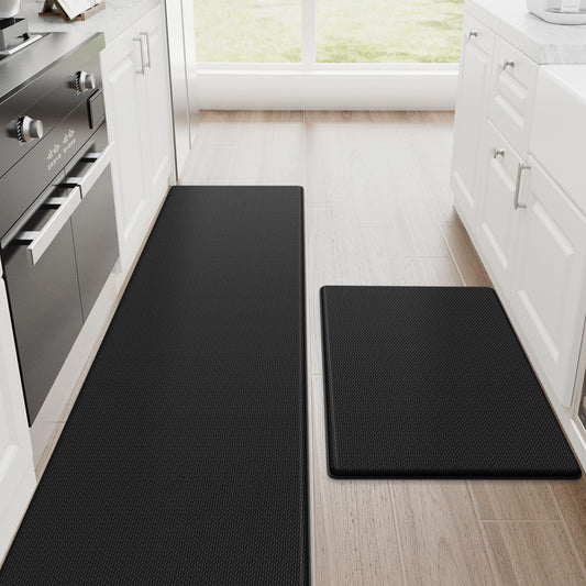 StepRite Kitchen Mats, 2PCS Kitchen Rugs, Cushioned Anti Fatigue Kitchen Mats for Floor, Non-Slip Standing Desk Mat, Waterproof Kitchen Rug Set for Kitchen, Floor, Office, 17.3"x30"+17.3"x47", Black