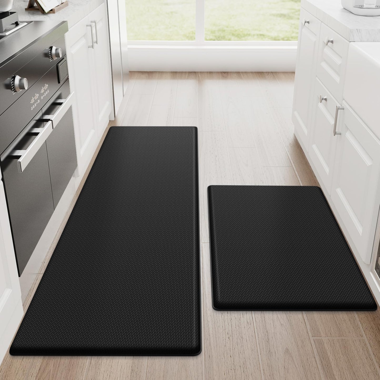 StepRite Kitchen Mats, 2PCS Kitchen Rugs, Cushioned Anti Fatigue Kitchen Mats for Floor, Non-Slip Standing Desk Mat, Waterproof Kitchen Rug Set for Kitchen, Floor, Office, 17.3"x30"+17.3"x47", Black